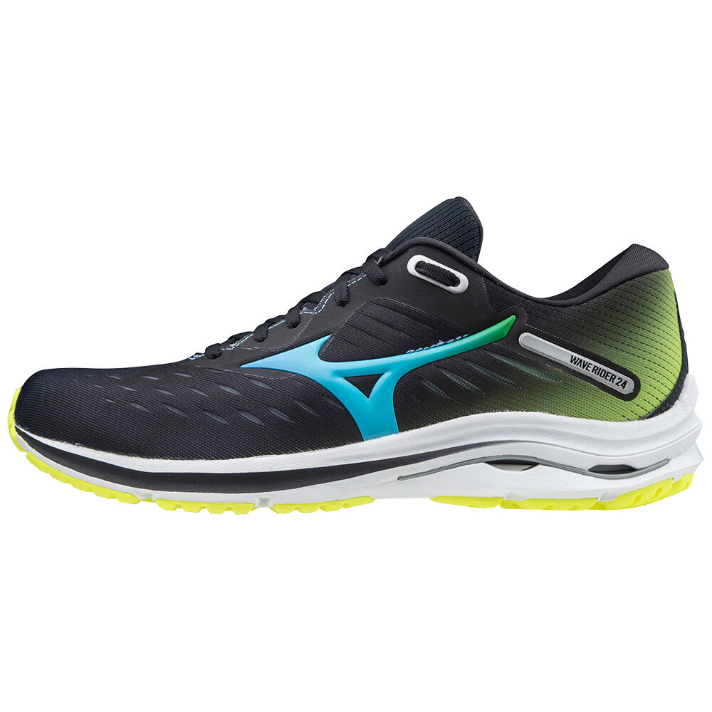 Sapatilhas Running Mizuno Wave Rider 24 - Homem - Pretas/Azuis Turquesa/Amarelas - YHUBL0571